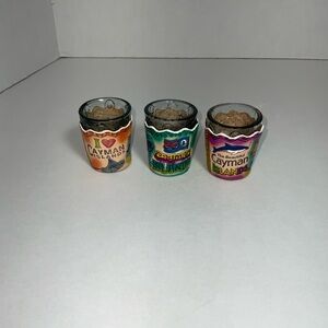 3 Shot Glasses Cayman Island With Hand Tooled Painted Leather Sleeves